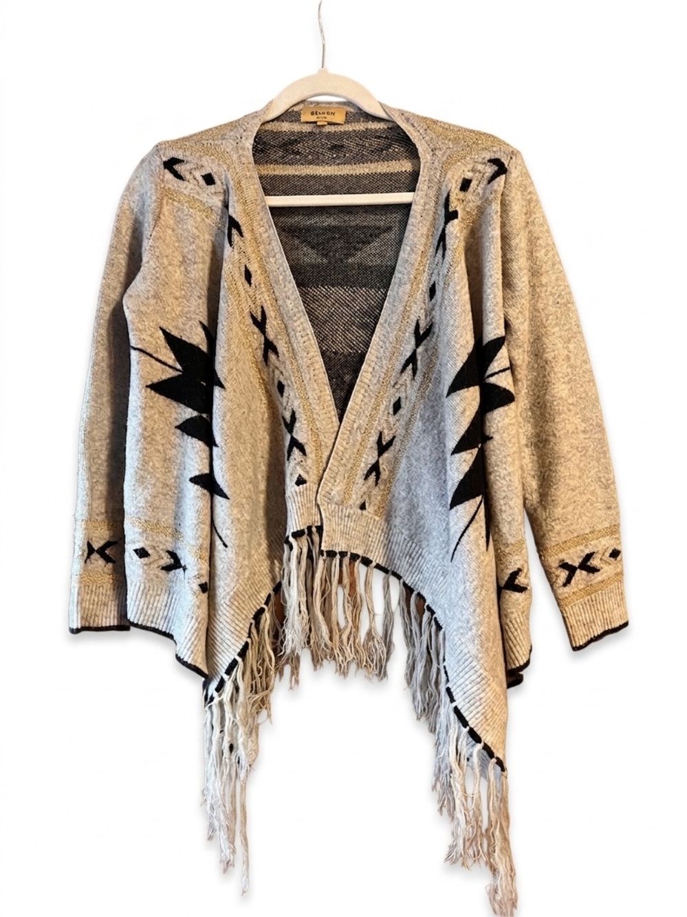 Beulah Aztec Fringe Open Front Knit Cardigan Sweater Grey Gold Size S/M